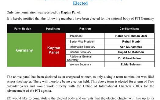 ۔،۔ پاکستان تحریک انصاف جرمنی میں انٹر پارٹی الیکشن میں کیپٹن پینل کی جیت۔ نذر حسین۔،۔